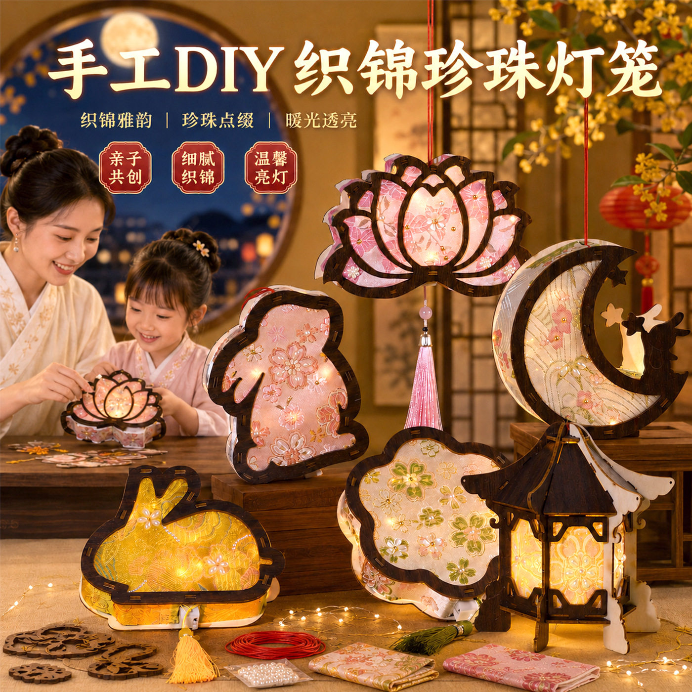 中秋节宋锦灯笼手工diy木图片
