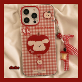 14ProMax防摔13pro女款 独壳 红色格子苹果小狗挂饰适用苹果16手机壳卡通iPhone15promax新款 双层壳手机套硬壳