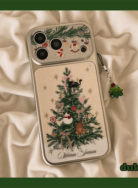 独壳 秋冬ins涂鸦绿色圣诞树雪人挂饰适用苹果17promax手机壳银色边iPhone16新款15防摔14pro女款手机套硬壳