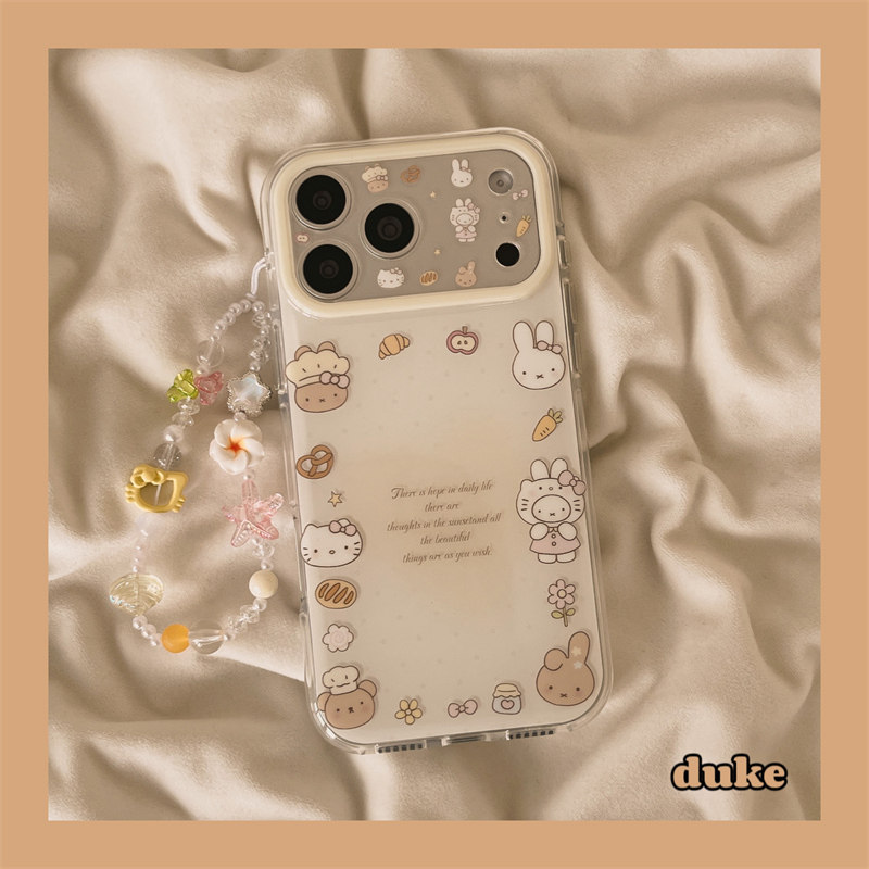 独壳 软萌可爱涂鸦面包兔子头像带链条适用苹果17promax手机壳iPhone16pro新款15防摔16女款双层壳手机套硬壳