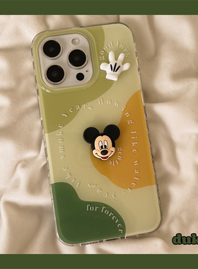 独壳ins绿色拼接立体米奇适用苹果16手机壳趣味卡通iPhone15promax新款14ProMax防摔13pro女款双层手机套硬壳