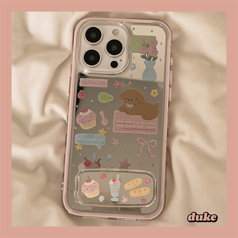 独壳 可爱镜面蛋糕小狗支架适用苹果16手机壳二合一iPhone15promax新款14ProMax防摔13pro女款日韩手机套硬壳