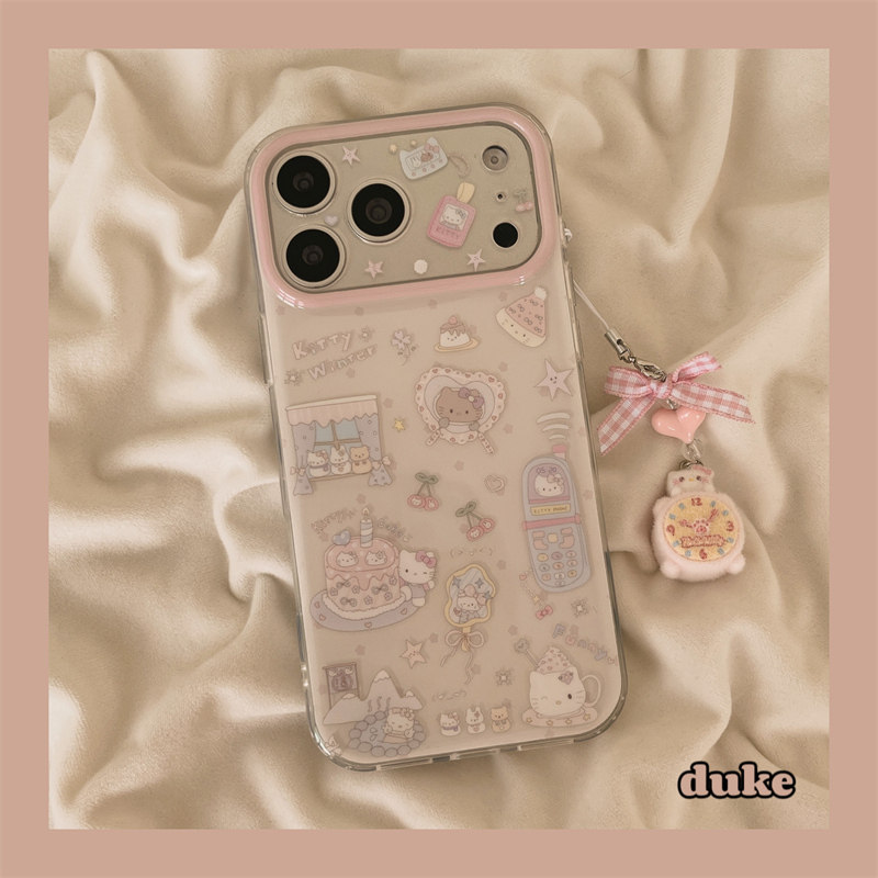 独壳 可爱粉色蛋糕猫咪带挂饰适用苹果17promax手机壳少女心iPhone16新款15防摔14pro女款13双层壳手机套硬壳