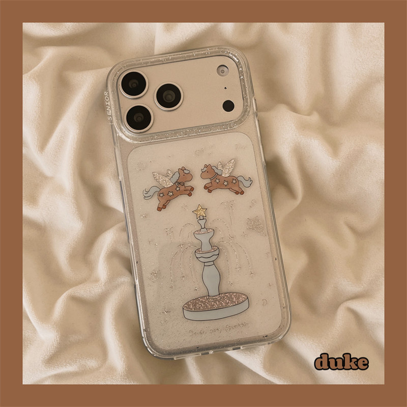 独壳 韩系透明喷泉小马适用苹果17promax手机壳创意卡通iPhone16新款15防摔14pro女款13双层壳全包手机套硬壳