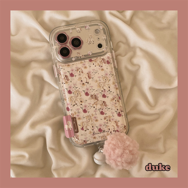 独壳 韩系ins风粉色花朵小马带挂饰适用苹果17promax手机壳可爱iPhone16新款15防摔14pro女款全包手机套硬壳