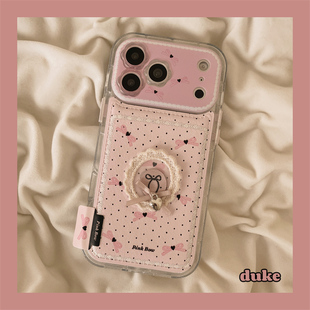 独壳 皮质粉色波点蝴蝶结适用苹果17promax手机壳法式芭蕾少女iPhone16新款15防摔14pro女款13全包手机套硬壳
