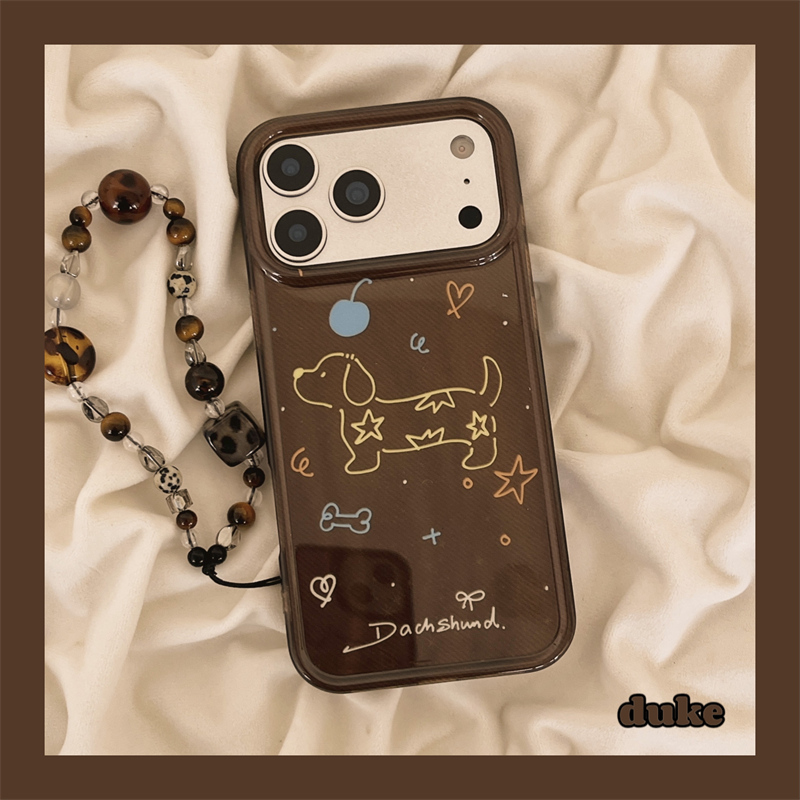 适用苹果手机壳棕色涂鸦腊肠狗