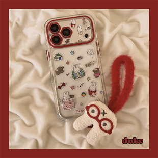 独壳 透明卡通兔子贴纸带挂绳适用苹果17promax手机壳日韩创意iPhone16新款15防摔14pro女款13全包手机套硬壳