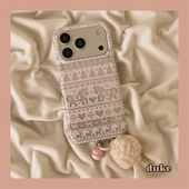 15防摔14pro女款 独壳 秋冬粉色费尔岛木马挂饰适用苹果17promax手机壳日韩风iPhone16新款 13双层壳手机套硬壳