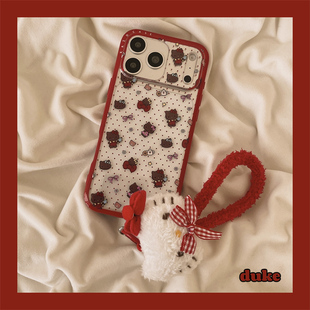 13全包手机套硬壳 15防摔14pro女款 独壳 透明波点kitty毛绒挂绳适用苹果17promax手机壳网红日韩iPhone16新款