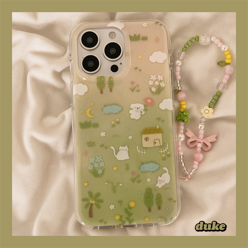 独壳 夏天绿色草坪猫咪带链条适用苹果16手机壳卡通iPhone15promax新款14ProMax防摔13pro女款日韩手机套硬壳