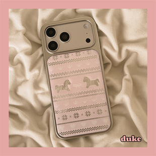 13日韩少女手机套硬壳 15防摔14pro女款 独壳 秋冬粉色费尔岛雪花适用苹果17promax手机壳银色边框iPhone16新款