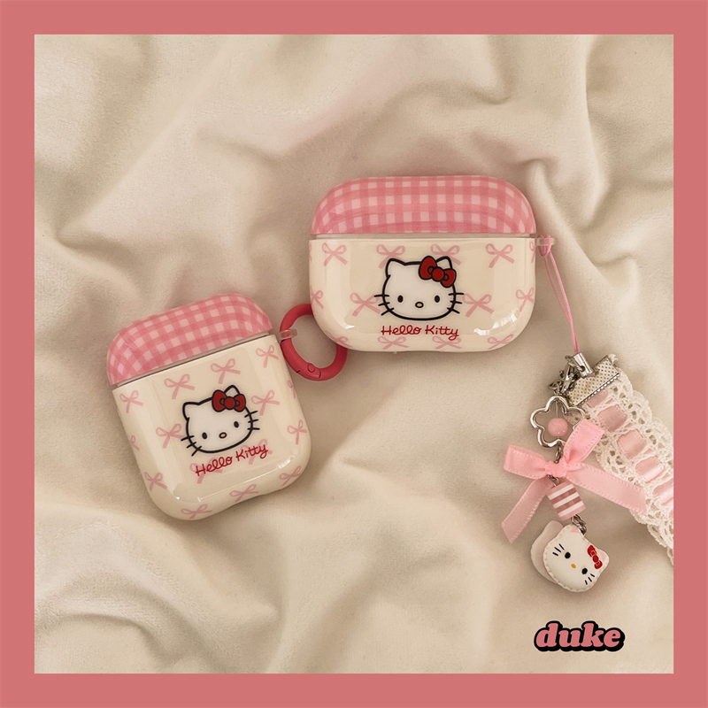 粉色格纹蝴蝶结kitty苹果耳机壳