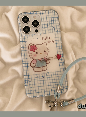 独壳日韩蓝色格子kitty挂绳适用17pro苹果16手机壳网红iPhone15promax新款14ProMax防摔13女款趣味手机套硬壳