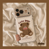 15防摔14pro女款 独壳 皮质棕色波点刺绣小熊适用苹果17promax手机壳日韩风卡通iPhone16新款 13创意手机套硬壳