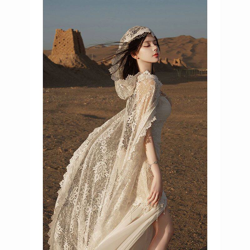 性感显瘦蕾丝开叉抹胸拖尾礼服连衣裙头纱绑带披风轻婚纱晨袍套装