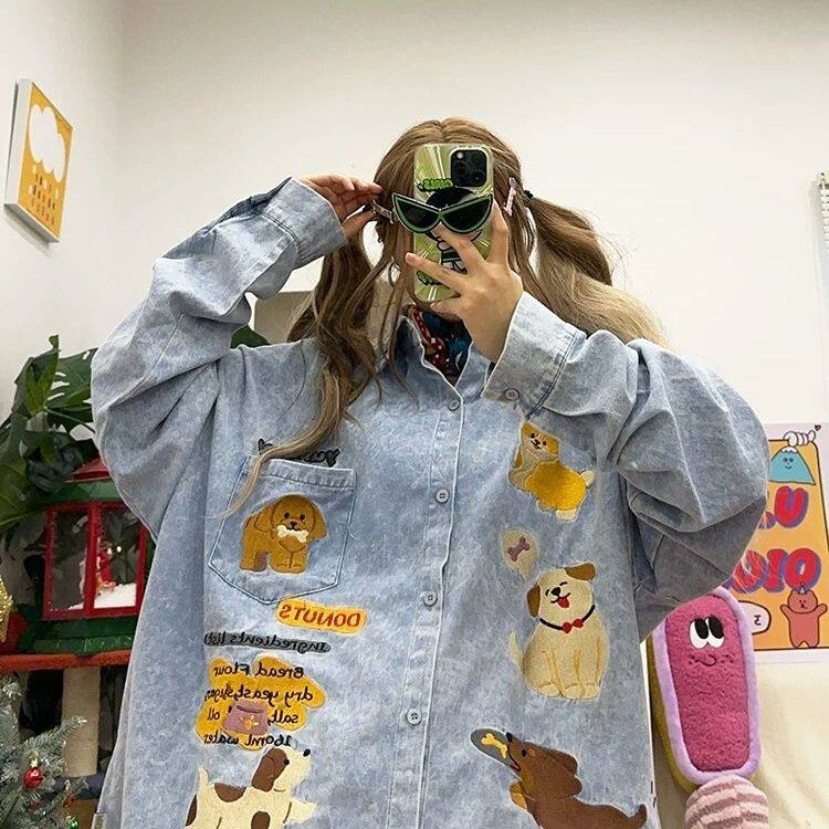 美式复古卡通小狗刺绣牛
