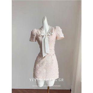 粉色复古小香风连衣裙女夏季短裙富家千金气质小个子高端礼服裙子