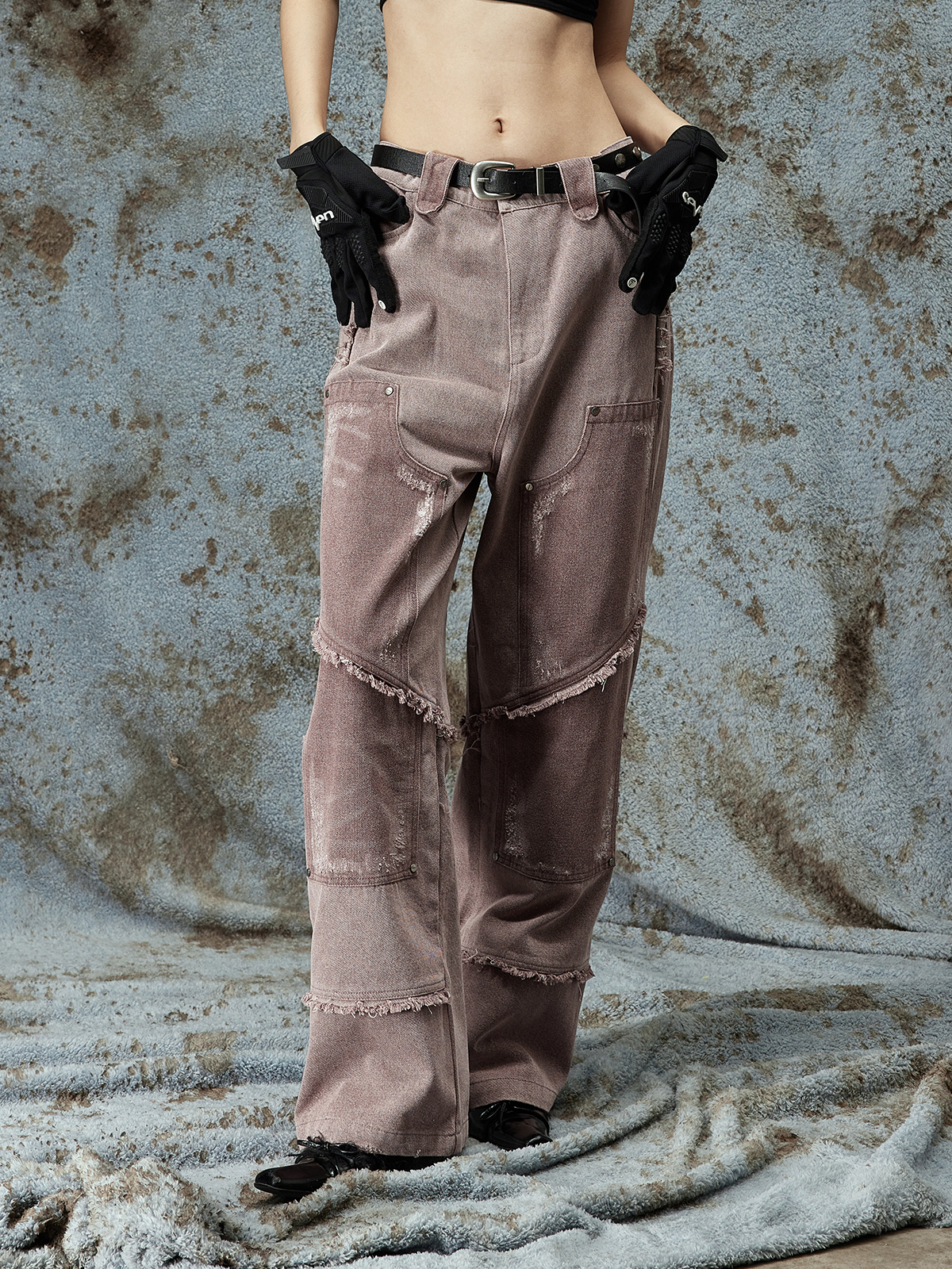 opfor破坏磨毛牛仔阔腿裤长裤