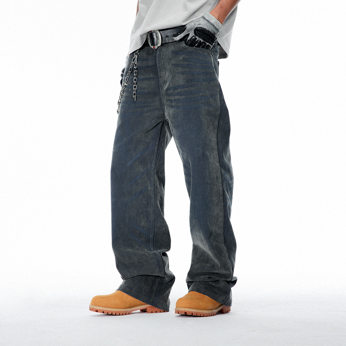 opfor植绒牛仔长裤做旧水洗