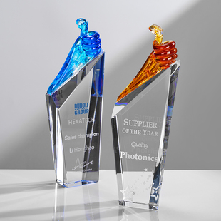 琉璃大拇指奖杯比赛颁奖优秀员工蓝色金色奖杯定制定做高档表彰奖