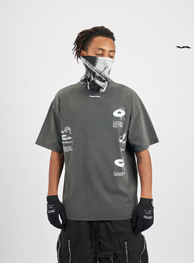 VIRTUAL ASPECT黑胶唱片印花美式街头风水洗做旧t恤宽松短袖ins男