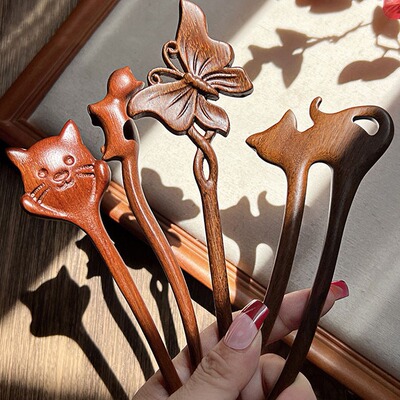 New Chinese style wooden hairpins, cute cats, high-end sens