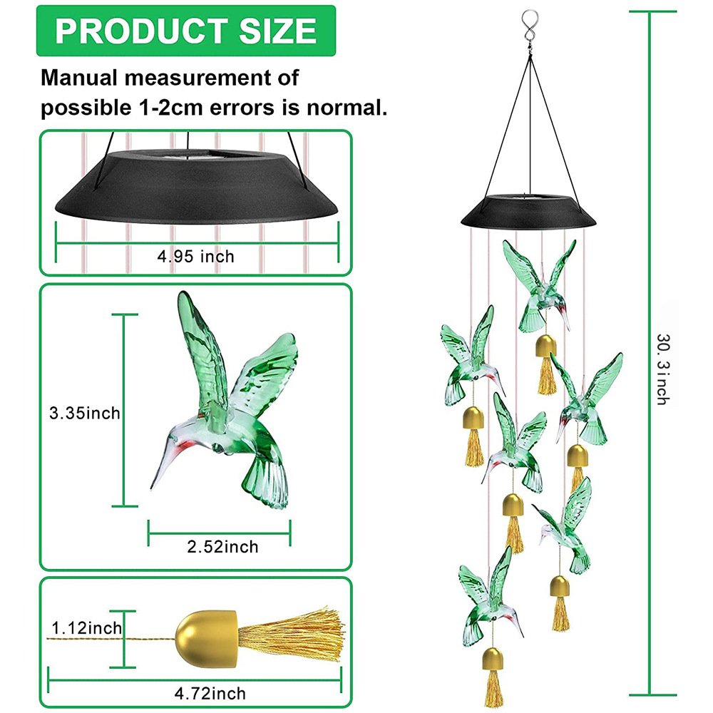 Outdoor solar wind chime metal bell LED hummingbird butterf