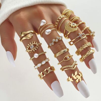 Diamond studded eyes, cross, leaf ring, multi joint 23 piec