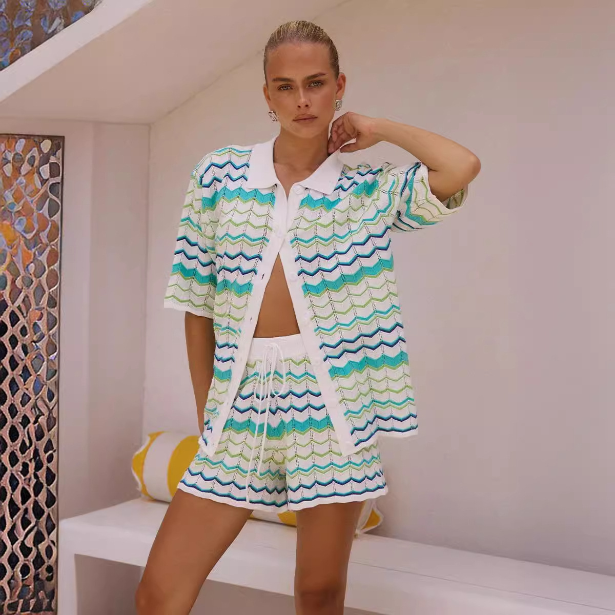 Striped Knitted Casual Set 2024 Cardigan Short Sleeve Short