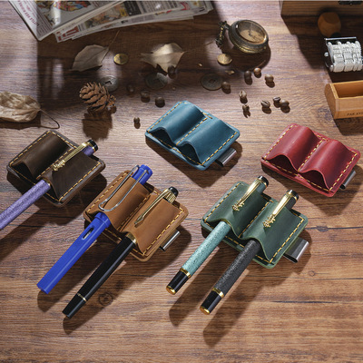 Head layer cowhide double pen clip handmade crazy horse lea