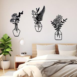 3 pieces of black metal flowers and vase wall decoration, m