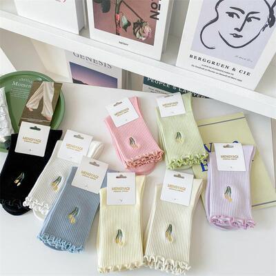 Spring and summer new women's pile socks combed cotton wood