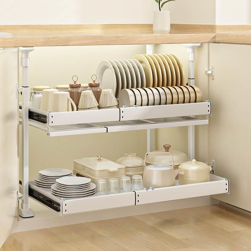 免打孔厨房橱柜下碗碟收纳置物架内置自制抽屉碗架分层抽拉式拉篮