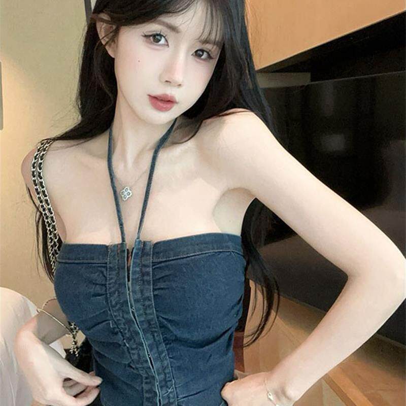 港风复古chic洗水牛仔褶皱抹胸背心女夏美式复古辣妹小众挂脖上衣