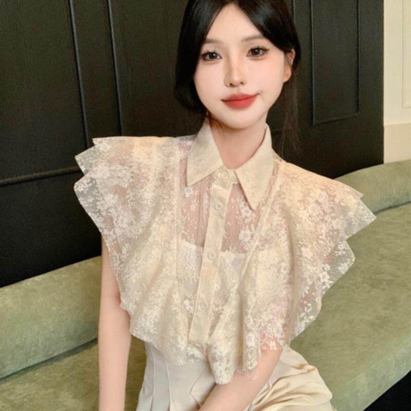 夏季时尚飞飞袖透视花边蕾丝衫女气质短款薄纱上衣高腰阔腿裤套装