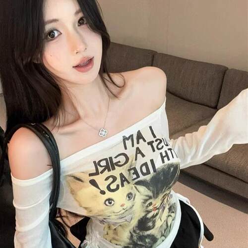 涩谷辣妹潮流小猫印花长袖上衣女性感一字肩露肩抽绳防晒衣T恤ins