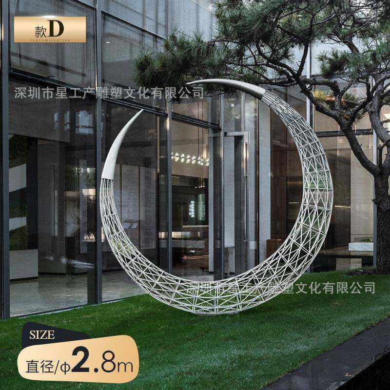 大不锈雕塑户星工产外售楼处水景镜面空镂发光月钢亮金型属圆形雕