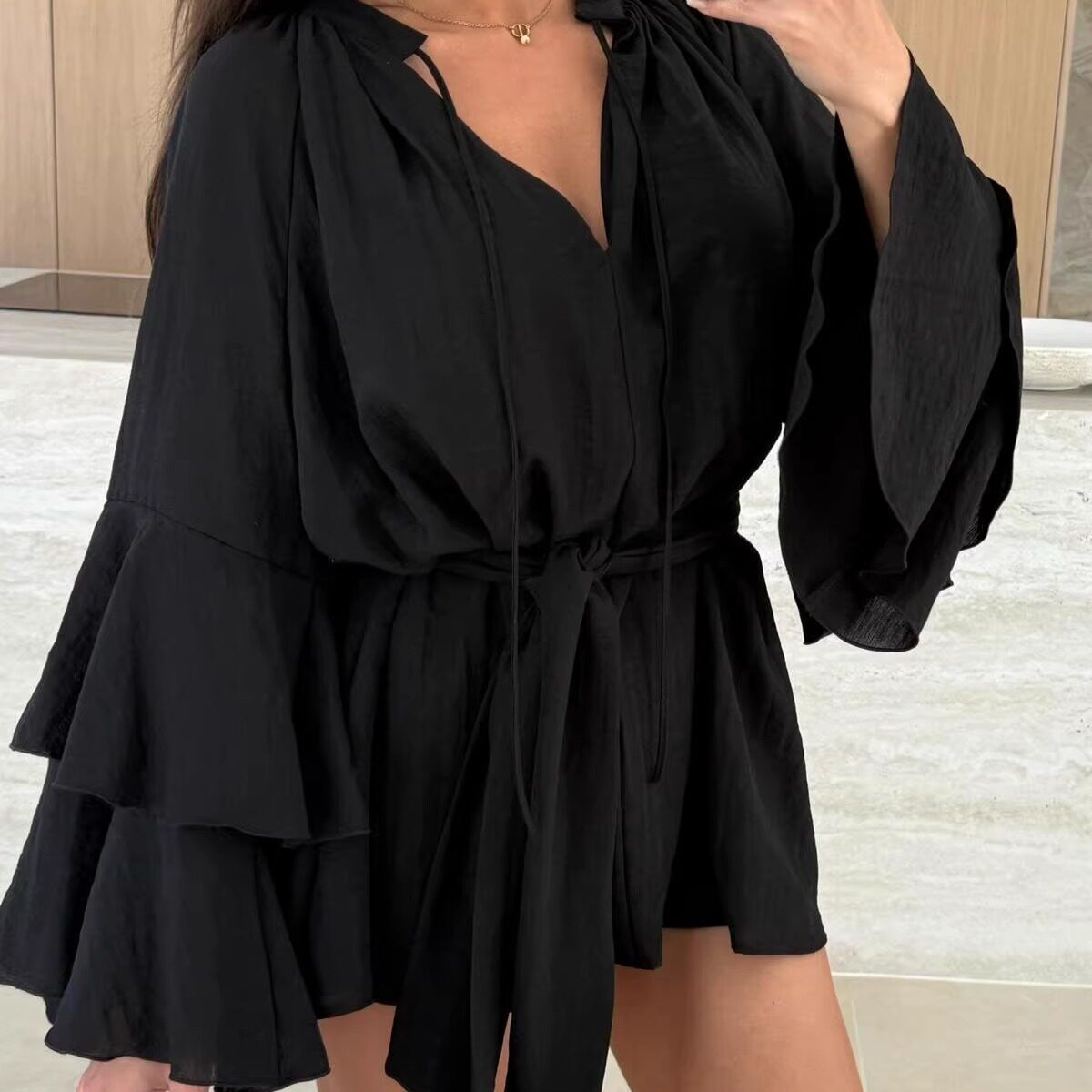 Irregular Lace-Up Dress with Long Sleeves & Solid Color - Taobao product photo 3