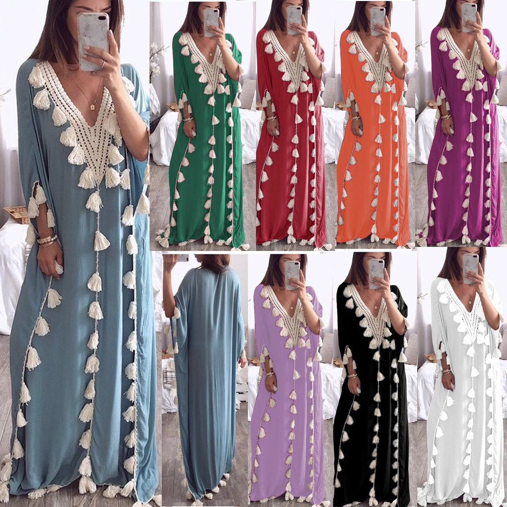 2022女印尼流苏超大码拖地长袍V领晚礼服连衣裙Robes