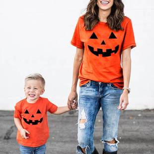 Halloween mom me t shirt亲子装南瓜衫纯棉橙色短袖万圣节T恤