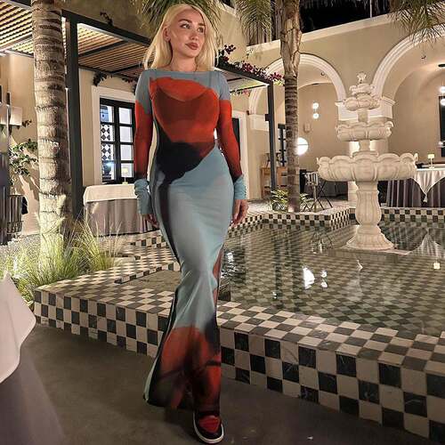 sexy printed mesh spilt long dress欧美风性感网纱透视开叉长裙