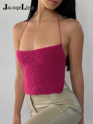 Knitted Tank Top for Women Summer Sexy Backless Halter Camis
