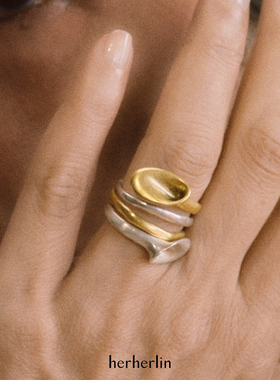 【张靓颖同款】herherlin原创设计角铃螺旋双圈锤纹925银戒指气质