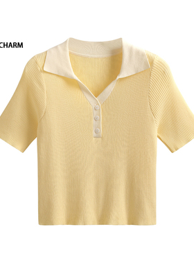 鹅黄色翻领针织短袖女夏季新款v领修身冰丝T恤复古polo衫短上衣