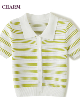 鸢尾花·IRIS/黄色条纹镂空减龄翻领开衫高级感撞色polo针织上衣