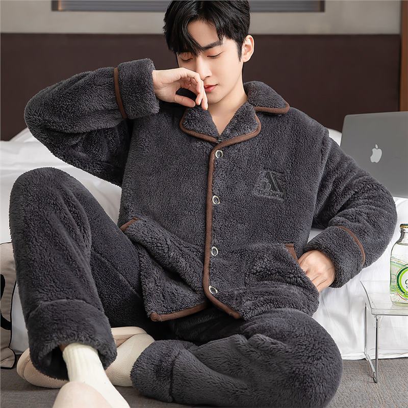 美梦冬季睡衣男士新款加绒加厚珊瑚绒中青年法兰绒家居服大码保暖