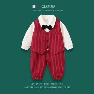 婴儿贴身连体衣夏 周岁礼服男宝幼儿西服套装 男童高级感红色小西装
