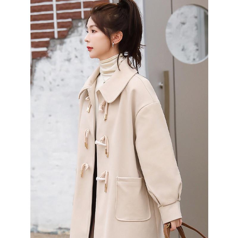 毛呢外套女2025春秋新款简约牛角扣小个子高级感黑色夹棉呢子大衣
