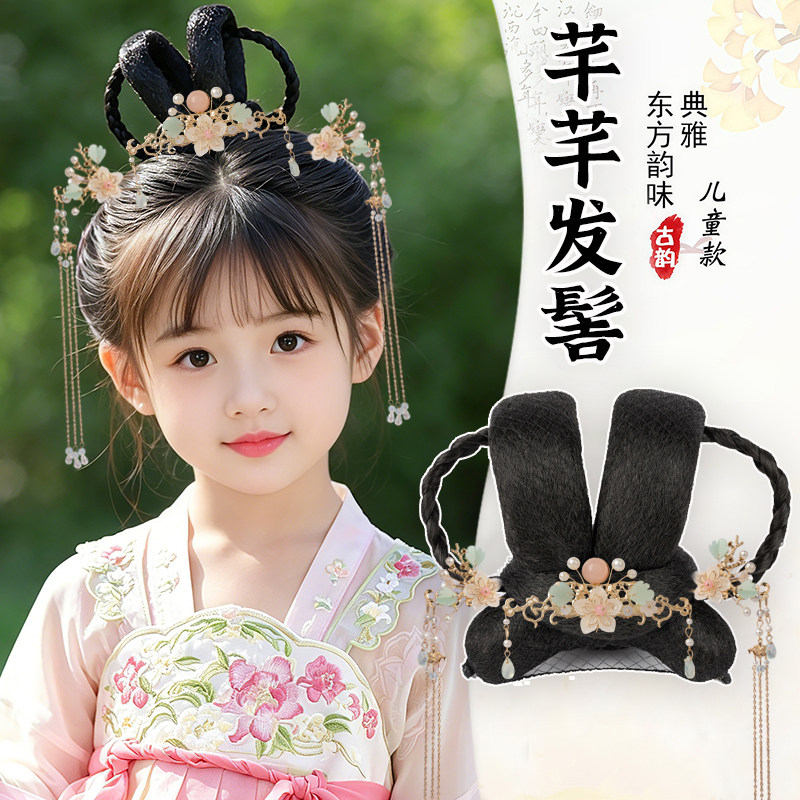 儿童古风假发古装发髻盘发一体式全套表演造型发包汉服女童头饰